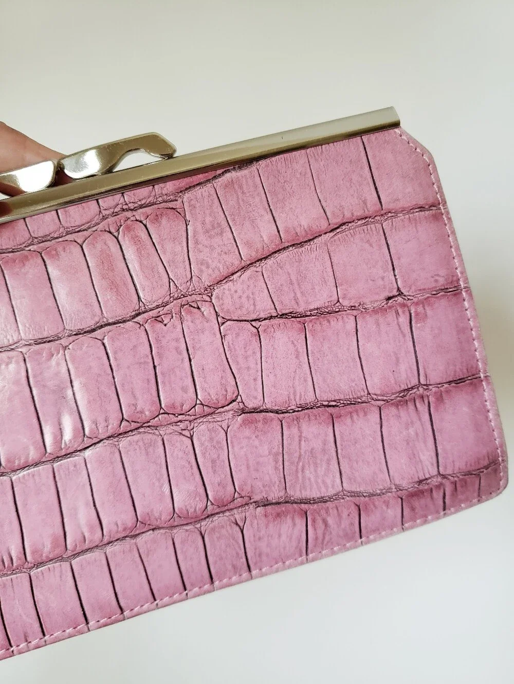 Vintage Abas Pink Croc Print Frame Clutch Leather Wallet